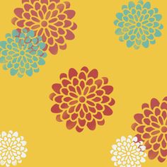 an orange and blue flower pattern on a yellow background