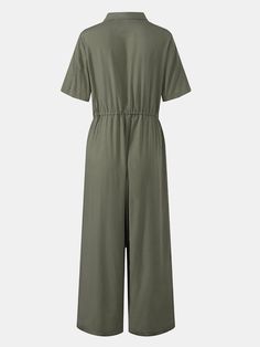 Solid Color Lapel Collar Button Short Sleeve Jumpsuit with Pocket Short Sleeve Jumpsuit, Spring Look, Short Sleeve Jumpsuits, Online Customer Service, Jumpsuit With Sleeves, Color Pick, Spring Looks, Chic Clothes, Fashion Chic