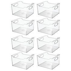 six clear plastic storage bins with handles