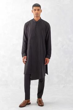 Shop for Devnaagri Black Cotton Silk Blend Asymmetric Pintuck Detail Kurta With Pant for Men Online at Aza Fashions Fitted Long Sleeve Kurta For Semi-formal Occasions, Fitted Long Sleeve Kurta For Workwear, Fitted Long Sleeve Kurta For Fall, Fitted Kurta For Workwear In Fall, Blouse Measurement, Lehenga Blouse, Kurta With Pants, Full Sleeves, Slim Pants