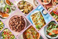 a collage of pictures with different foods and dishes on them, including salads