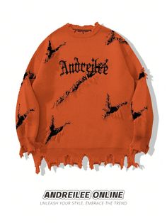 Unisex Halloween Limited Edition Streetwear Style Letter Embroidered Distressed Hole Casual Oversized Pullover Sweater For Autumn & Winter Orange Casual  Long Sleeve Knitwear Halloween,Letter,Plain Pullovers Medium Stretch Spring,Fall/Winter Men Clothing, size features are:Bust: ,Length: ,Sleeve Length: Winter Orange, Retro Alphabet, Mode Hip Hop, Estilo Streetwear, Oversized Pullover Sweaters, Pull Oversize, Oversized Pullover, Knitwear Men, Style Streetwear