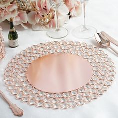 14inch Blush/Rose Gold Wired Metal Acrylic Crystal Beaded Charger Plate Quince Decor, Rose Gold Rims, Glass Charger Plates, Gold Chargers, Beaded Crown, Party Tables, Rainbow Wedding, Wedding Items, Charger Plate