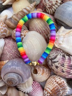 a colorful bracelet is surrounded by seashells