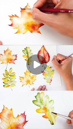 someone is painting leaves with watercolors on the paper and then they are being colored