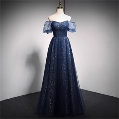 Seni Korea, Prom Dress Blue, Blue Evening Dress, Off Shoulder Evening Dress, A Line Prom Dress, Fairy Birthday Party, Banquet Dresses, Blue Fairy, Sequin Evening Dresses