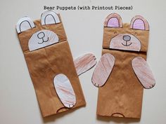 two brown paper bags with bunny and bear puppets on them