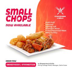 the advertisement for small chops is displayed on a white plate with red and orange background