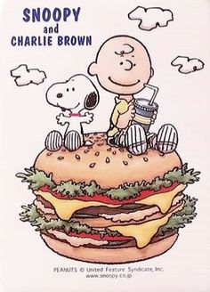 snoopy and charlie brown are sitting on top of a giant hamburger with the dog