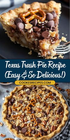 texas trash pie recipe with chocolate and pretzel toppings on the top is shown