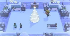 an animated christmas tree is in the middle of a room with benches and snow on the ground