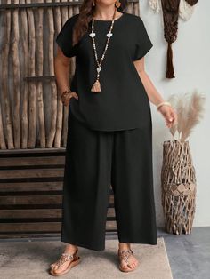 Plus Size Summer Teacher Clothes  Geometric Pattern Short Sleeve Top And Wide Leg Pants Two-Piece Set Black Casual    Plain  Non-Stretch  Women Plus Clothing, size features are:Bust: ,Length: ,Sleeve Length: Plus Size Wide Leg Pants Outfit, Wide Leg Pants Outfit Casual, Plus Size Teacher Outfits, Teacher Outfits Plus Size, Plus Size Teacher, Long Summer Pants, Outfits For Short Women, Plus Size Wide Leg Pants, Wide Leg Outfit