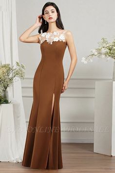 Babyonlinewholesale offers Lace brown mermaid splt front evening dress at a good price from ,Blushing Pink,Pearl Pink,Dusty Rose,Red,Brown,Gold,Champagne,Rose Gold,Lilac,Black,Gray,Dusty Blue,Purple,Lace,Healthy cloth to Column Floor-length them. Stunning yet affordable Sleeveless Evening Dresses. Brown Floor-length Wedding Dress, Brown Maxi Dress For Wedding, Brown Evening Maxi Dress, Brown Floor-length Evening Dress, Elegant Brown Maxi Dress For Wedding, Fitted Brown Maxi Dress For Wedding, Brown Sleeveless Wedding Dresses, Brown Sleeveless Dress For Wedding, Brown Maxi Length Evening Dress