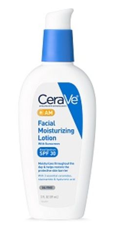 Developed with Dermatologists, CeraVe AM Daily Facial Moisturizing Lotion with SPF Thirty, Broad Spectrum Protection, moisturizes throughout the day and helps restore the protective skin barrier. This face moisturizer is formulated with broad spectrum SPF Thirty sunscreen for daily UV protection and patented MVE technology for all day hydration. Non-Comedogenic: Won't clog pores. Active ingredients include: Purpose Homosalate ten percent, Sunscreen Meradimate 5%, Sunscreen Octinoxate 5%, Sunscre Best Drugstore Sunscreen, Cerave Moisturizer, Lotion With Spf, Sunscreen For Sensitive Skin, Dry Skin Care Routine, Erase Wrinkles, Moisturizer For Oily Skin, Moisturizing Lotion, Sunscreen Moisturizer