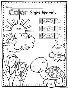 the color sight words worksheet is shown in black and white, with an image of