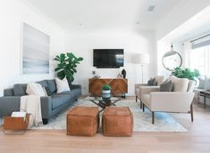 a living room filled with furniture and a flat screen tv mounted to the side of a wall