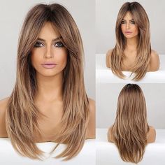 Top 20 Most Flattering Haircuts For Round Faces Bangs Front, Long Straight Layered Hair, Layered Wigs, Blonde Layered Hair, Synthetic Curly Hair, Fringe Hair, Straight Hairstyle, Straight Layered Hair, Layered Short