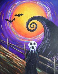 an acrylic painting of a skeleton in front of a spooky wave