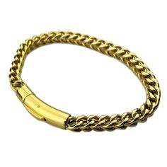 Men's franco chain hip hop bracelet. Measures 9" inch long x 6MM thick. 18K gold plated over stainless steel. Stainless Steel - stamped on clasp. Real solid stainless steel jewelry. Solid weight at approx. 32 grams. Stylish bayonet locking snap clasp. Won't fade or turn your skin green. Super shiny bracelet is very well made. 100% FREE SHIPPING in USA. Order now! Franco Bracelet, Shiny Bracelets, Formal Men Outfit, Steel Stamp, Mens Gold Bracelets, Hip Hop Jewelry, Mens Gold, Steel Jewelry, Stainless Steel Jewelry