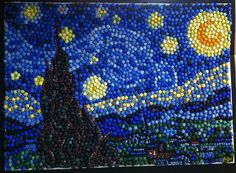 a painting made out of bottle caps with the image of a night sky and stars on it