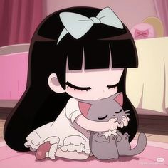 a cartoon girl hugging a cat on the floor in front of a bed with pink curtains