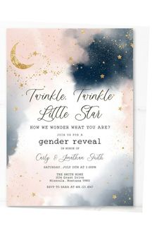 a pink, blue and gold wedding card with the words twinkle twinkle little star on it