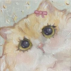 a painting of a cat with big eyes and a pink bow on it's head