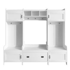 an open white cabinet with drawers and shelves on the bottom shelf, isolated against a white background