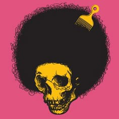 a skull with an afro on it's head and a comb in its hair