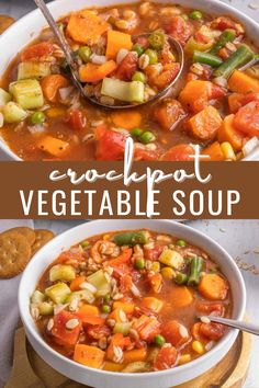 two bowls filled with vegetable soup on top of a wooden cutting board