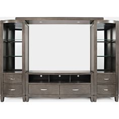 a large entertainment center with two drawers and a mirror on the front, in an antique grey finish