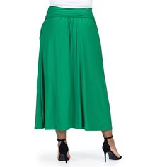 Discover the perfect blend of comfort and style with the 24seven Comfort Apparel Womens Foldover Plus Size Maxi Skirt With Pockets. This versatile and chic skirt is a must have addition to your wardrobe. With four stunning color options to choose from, you can effortlessly express your personal style. The foldover waistband and pleated waist add a touch of sophistication, while the flowy A line shape creates a flattering and feminine silhouette. With added functional pockets, that ensure conveni Casual Green Maxi Skirt For Work, Chic Green Maxi Skirt With Pockets, Plus Size Maxi Skirt, Maxi Skirt With Pockets, Chic Skirt, Chic Skirts, Womens Maxi Skirts, Plus Size Maxi, Feminine Silhouette