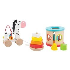 a wooden toy set with a zebra and other toys