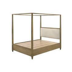 a bed with a wooden frame and white sheets