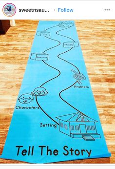 a blue yoga mat with the words tell the story written on it in black ink