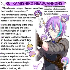 an anime character with purple hair pointing at something in front of him and the caption says, rui kashiro headcannonons