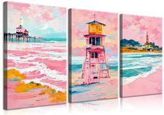 three paintings of a lighthouse on the beach, one painted in pink and white with watercolor