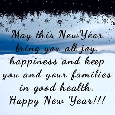 a happy new year message with snow falling on the ground and stars in the sky