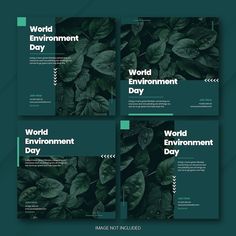 the world environment day flyer is shown in four different colors and sizes, including green leaves