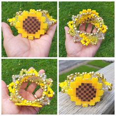 four different pictures of yellow and brown beads on a piece of plastic with holes in the middle