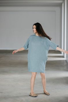 Linen Dress With Back Buttons Motumo 15S5 by MotumoLinen on Etsy Relaxed Fit Linen Tunic Dress, Oversized Linen Short Sleeve Dress, Oversized Linen Dress With Short Sleeves, Oversized Short Sleeve Linen Dress, Oversized Blue Linen Dress, Linen Tunic Midi Dress For Daywear, Relaxed Fit Linen Dress In Flax Color, Oversized Linen Dresses For Daywear, Simple Dress Styles