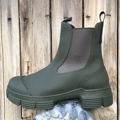 Ganni Recycled Rubber Chelsea Rain Boot In Kalamata Green Super Cute Ultra Chic Cool Chelsea Rubber Boot With Chunky Lug Sole And Platform Pull On Elastic Gore Insets Removable Insole Back Pull Tab Rubber Upper Rubber Lug Sole Made With 50% Recycled Rubber Scraps Waterproof Rain Snow Minimalist Sustainability Everyday Wardrobe Staple Approx Heel 1.5” Platform 1” Nwt Smoke And Pet Free Home Two Tone Boots, Platform Chelsea Boots, Ankle Rain Boots, Chelsea Rain Boots, Green Boots, Lug Sole Boots, Country Boots, Rubber Boot, Fur Lined Boots