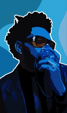 a painting of a man with sunglasses and a blue bandanna on his head, holding a cell phone to his ear