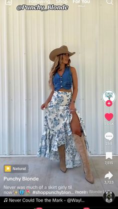 Women Outfits With Cowboy Boots, Skirts Cowgirl Boots, Everyday Country Outfits, Country Gala Outfit, Saloon Outfits For Women, Women Outfit Ideas Summer, Blouse Over Dress Outfit, Cowgirl Formal Outfits, Thigh High Western Boots Outfit