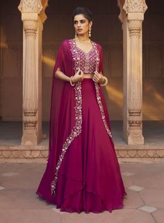 Charu & Vasundhara-Zoya Raspberry Kimono Lehenga Set-INDIASPOPUP.COM Cape Lehenga, Lehenga Designs Simple, Gaun Fashion, Designer Party Wear Dresses, Designer Dresses Casual, Party Wear Indian Dresses, Lehenga Designs, Indian Fashion Designers, Indian Designer Outfits