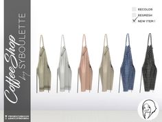 six aprons are shown in different colors and styles, all with ties on them