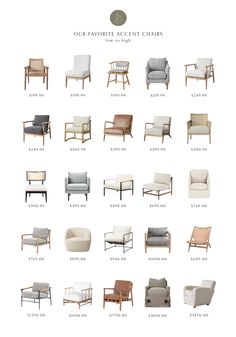 the different types of chairs and sofas are shown in this image, with text below them