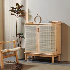 a wooden cabinet sitting next to a plant in a living room on top of a rug