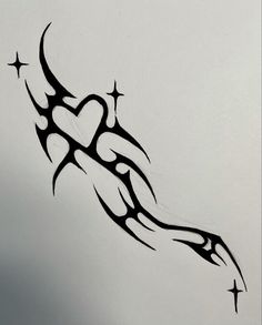 a black and white drawing of a heart with stars on it's back side