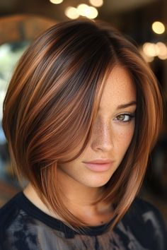 This haircut features a stylish bob cut, typically ending just above the shoulders, which frames the face beautifully. These highlights create a sun-kissed effect, making the hair appear fuller and more vibrant. Short Stacked Hair Older Women Layered Bobs, Short Auburn Hair With Highlights, Auburn Hair Highlights, Fall Bob, Auburn Hair With Highlights, Golden Brown Highlights, Auburn Bob, Angled Hair, Graduated Bob Haircuts